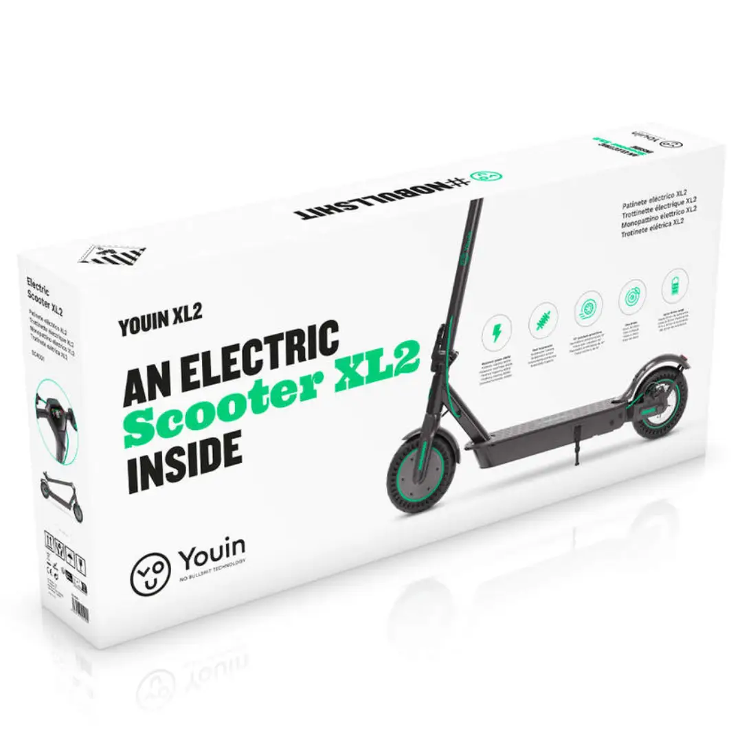 Imagen de la caja del patinete eléctrico YOUIN SC-4001 XL2, mostrando su embalaje y presentación del producto - Electrocash