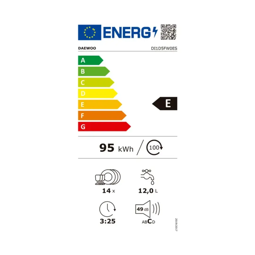 Ficha energética del lavavajillas Daewoo DI1D-5FW0ES, con detalles sobre su consumo de agua y electricidad, eficiencia energética E - Electrocash