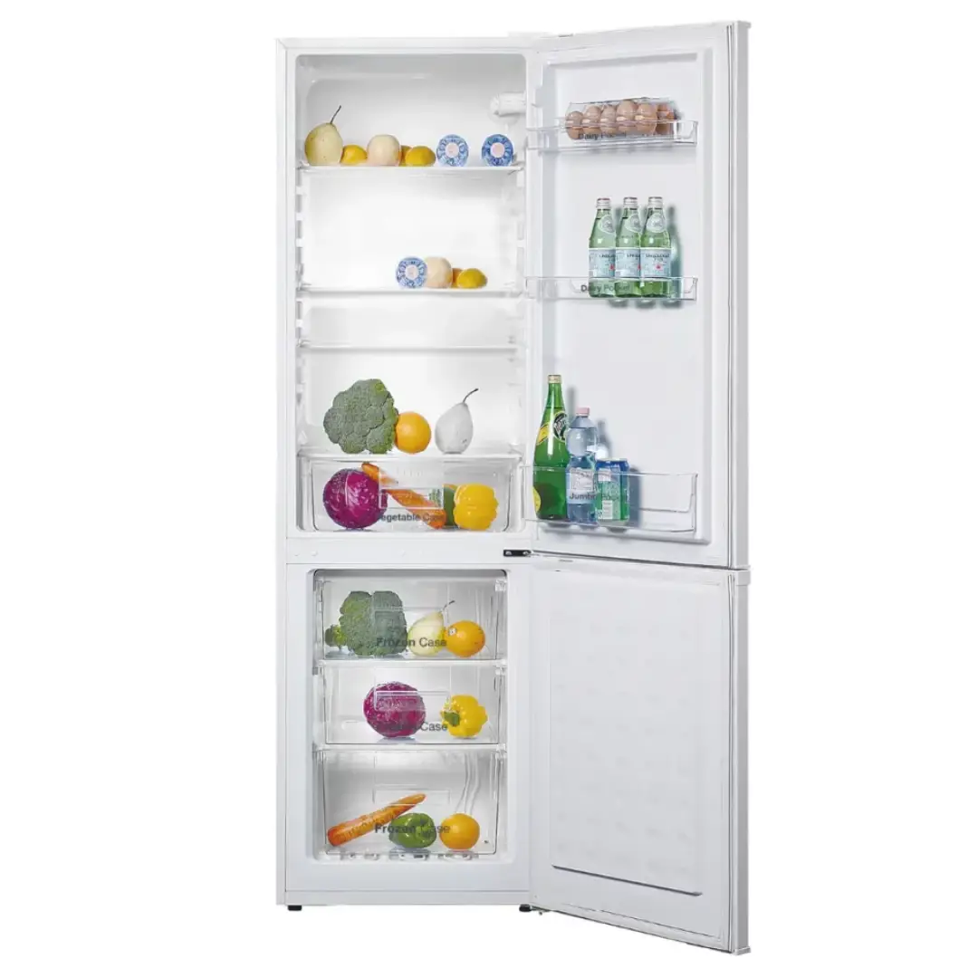 Vista del frigorífico VOK EVR-244DEW abierto y lleno, mostrando su amplio espacio interior, organizado de forma eficiente para conservar los alimentos - Electrocash