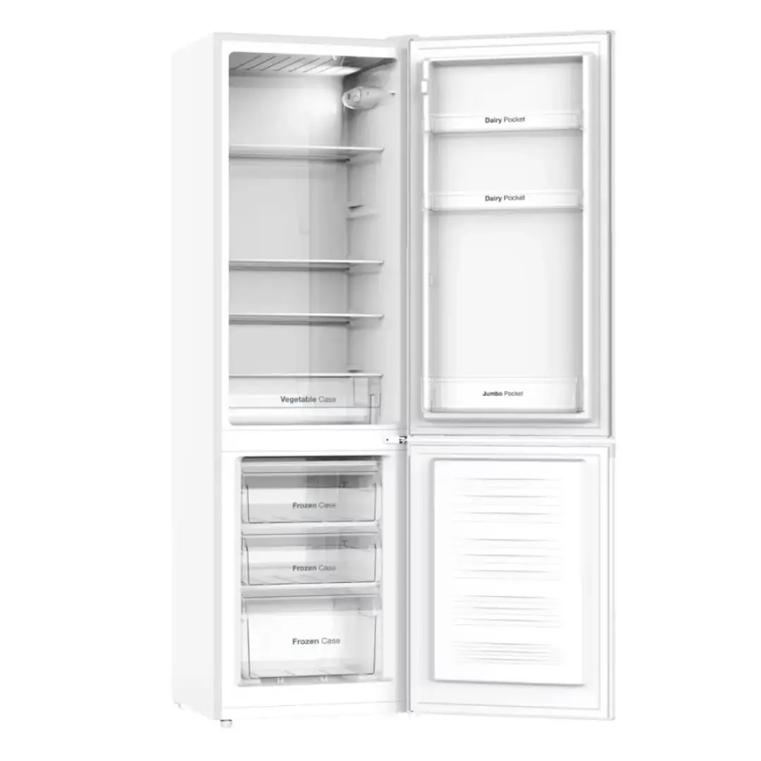 Vista lateral del frigorífico VOK EVR-244DEW abierto y vacío, destacando su espacioso interior y diseño de estantes para facilitar la organización - Electrocash