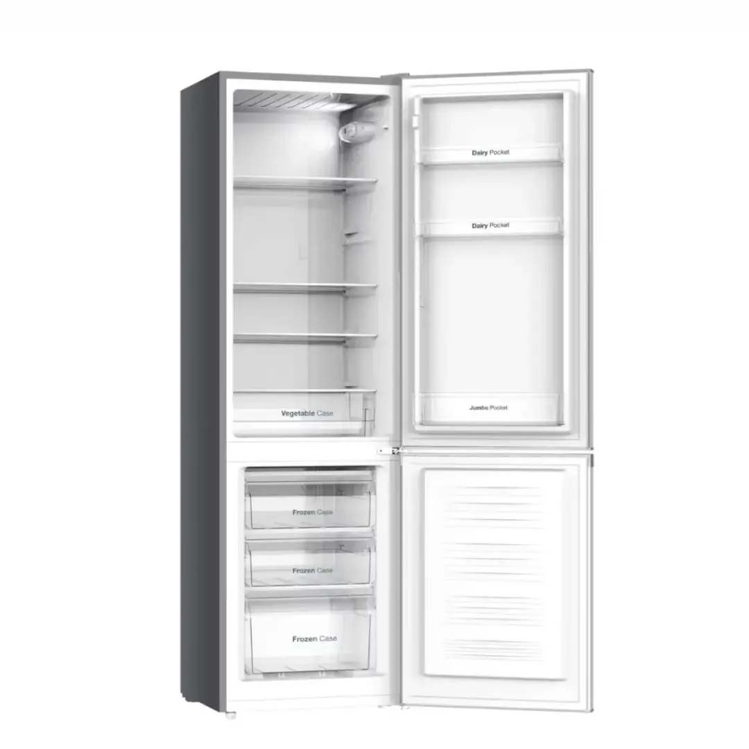 Vista del frigorífico VOK EVR-244DEI abierto y vacío, destacando su interior espacioso y las opciones de organización de estantes y compartimentos - Electrocash
