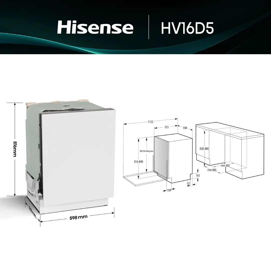 Medidas del lavavajillas Hisense HV-16D5 de 60 cm, diseñado para una integración perfecta en la cocina con capacidad para 16 cubiertos - Electrocash