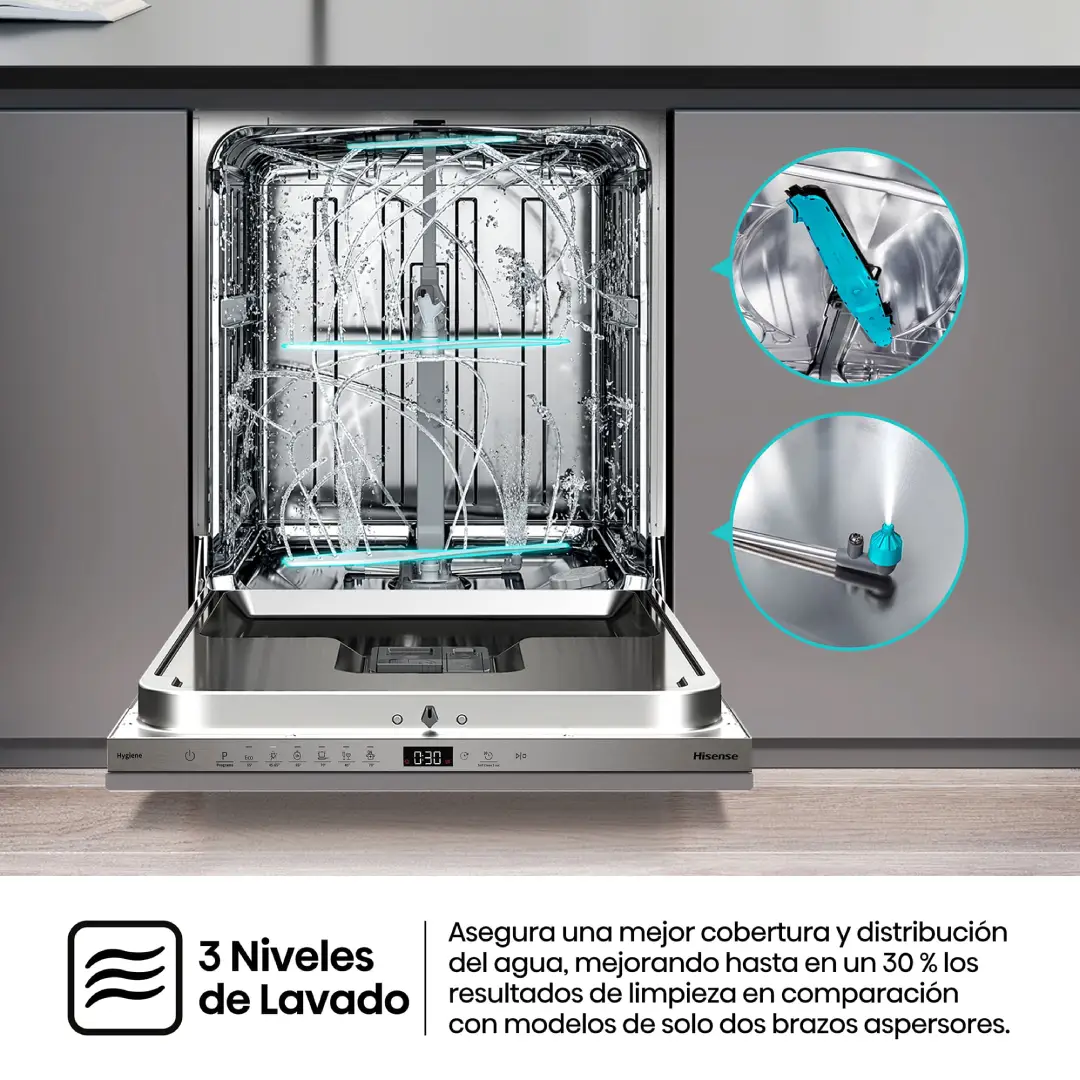 Vista de los tres niveles de lavado del lavavajillas Hisense HV-16D5, diseñados para una limpieza eficiente y adaptada a distintos tipos de vajilla - Electrocash
