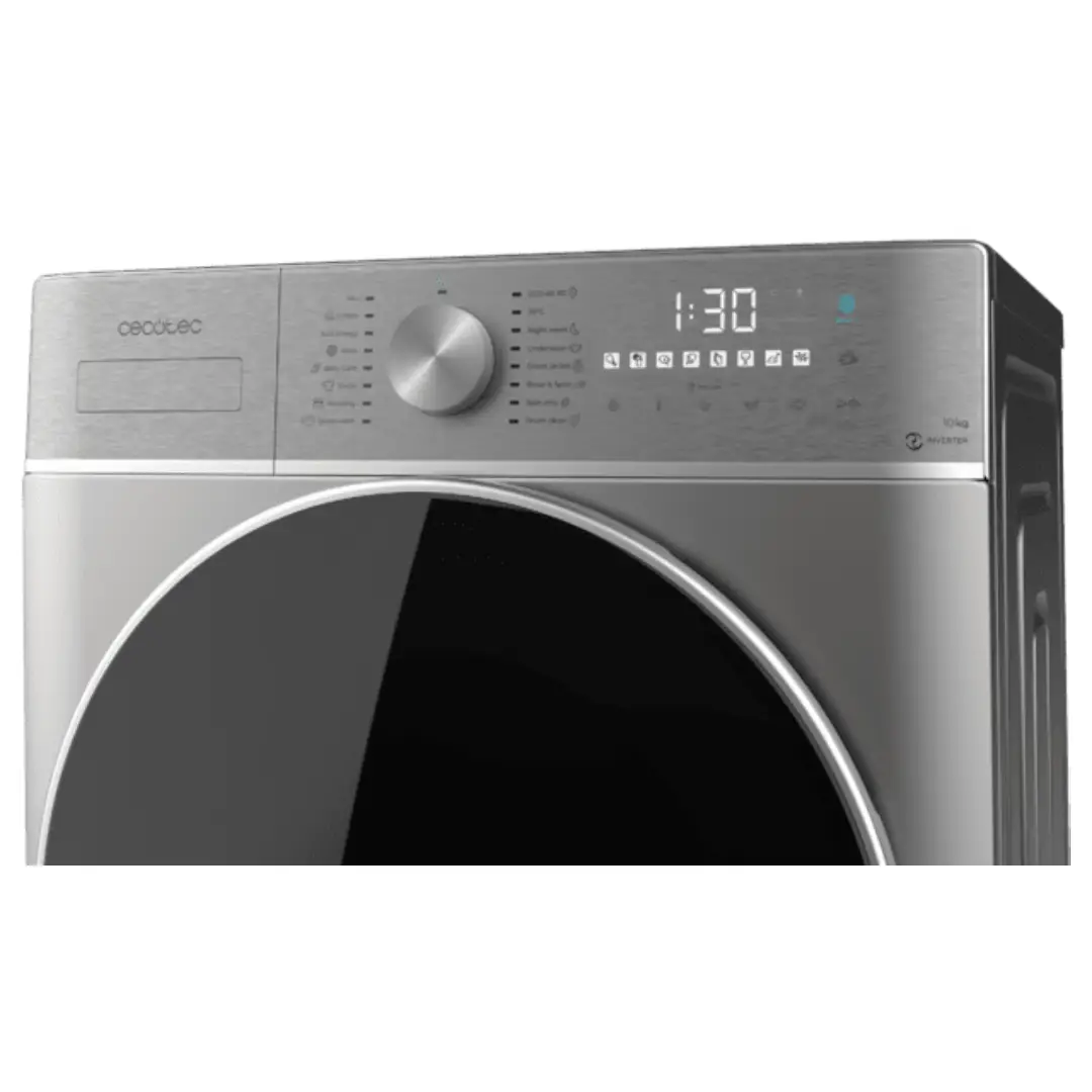 Vista del panel de control de la lavadora Cecotec DressCode 1080, mostrando sus opciones de lavado, programas y ajustes personalizables - Electrocash
