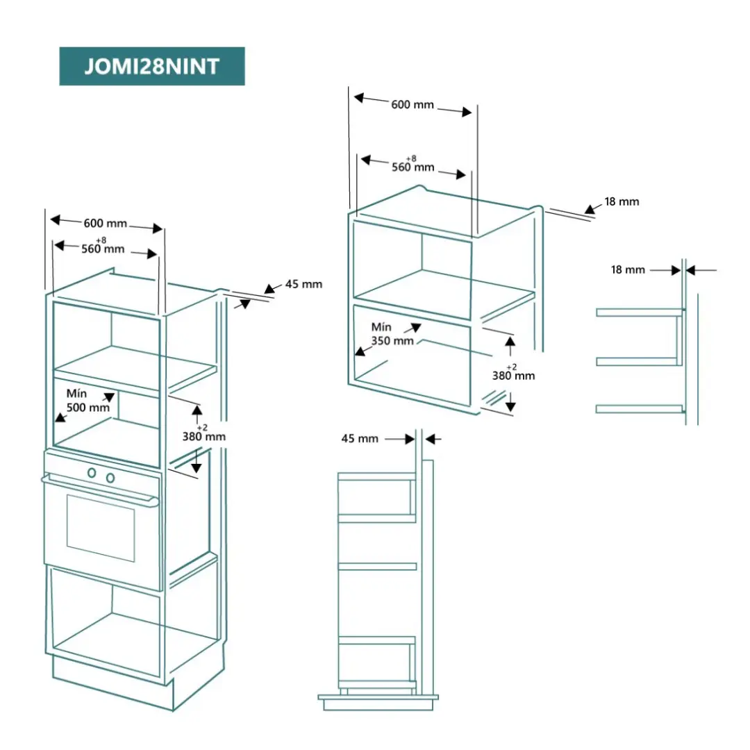 Medidas del microondas encastre Johnson Jomi-28NINT, con capacidad de 28L y diseño en cristal negro, adaptándose perfectamente a tu cocina - Electrocash