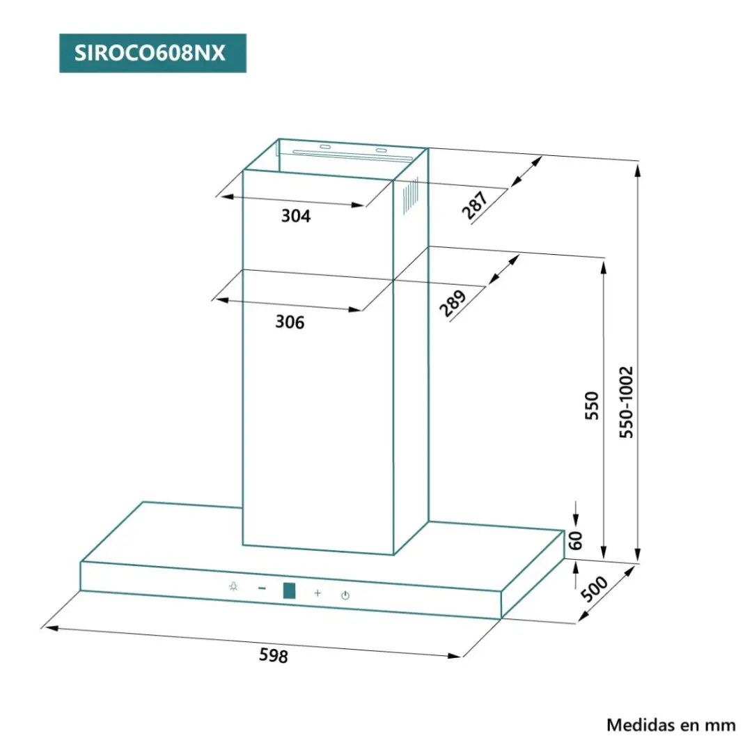 Dimensiones de la campana Johnson SIROCO-608NX, perfecta para una instalación precisa y un diseño que combina estilo y rendimiento - Electrocash