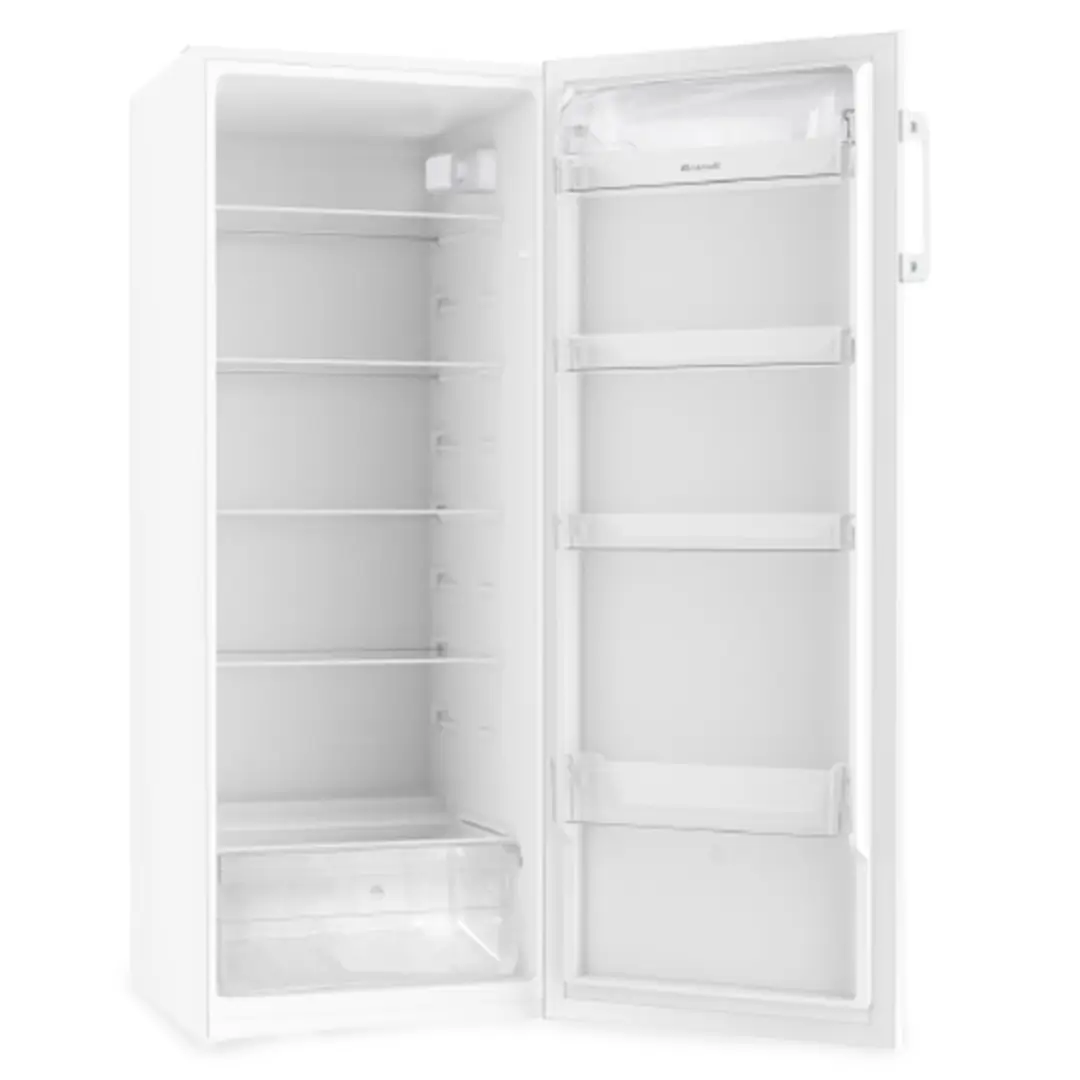Interior del frigorífico Brandt BFL-4250EW con la puerta abierta, mostrando bandejas de cristal, cajones y estantes para un almacenamiento práctico - Electrocash