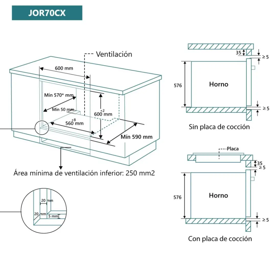 Dimensiones del horno Johnson JOR-70CX en acero inoxidable, ideal para instalación encastrada y con diseño funcional para todo tipo de cocinas - Electrocash