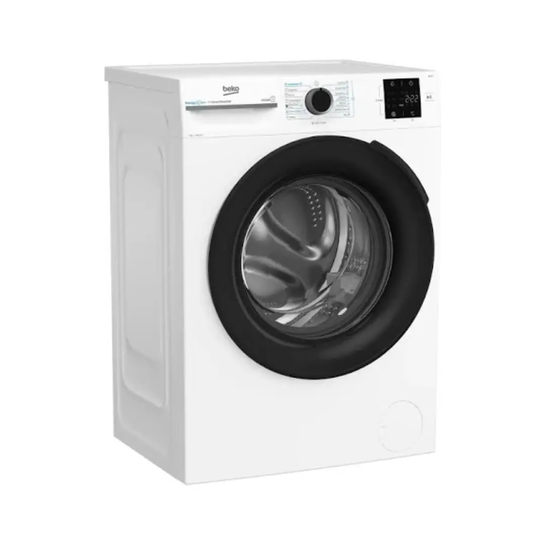 Vista lateral de la lavadora Beko BM3WFT-3941WB, destacando su diseño moderno y funcional ideal para cualquier hogar - Electrocash