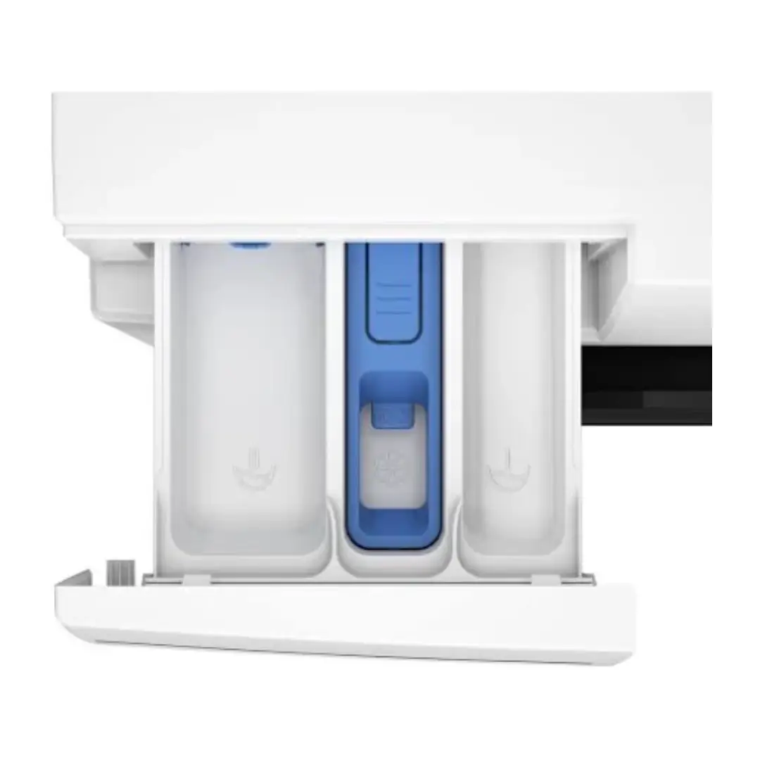 Detalle del panel de detergente de la lavadora Beko BM3WFT-3941WB, con compartimentos dedicados para detergente y suavizante para una carga eficiente - Electrocash