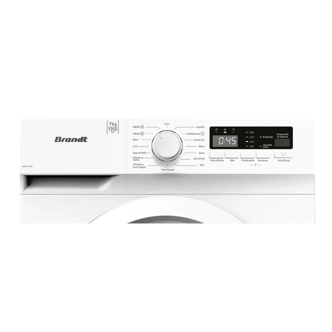 Vista del panel de control de la lavadora Brandt WFB-171WP, con opciones de programación, temperatura y ajuste de vapor para un lavado personalizado - Electrocash