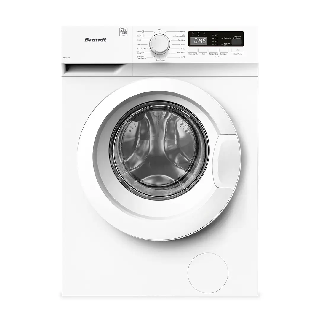 Lavadora Brandt WFB-171WP en color blanco, con capacidad de 7kg, 1200RPM y función de vapor para un lavado más eficiente y cuidado de la ropa - Electrocash