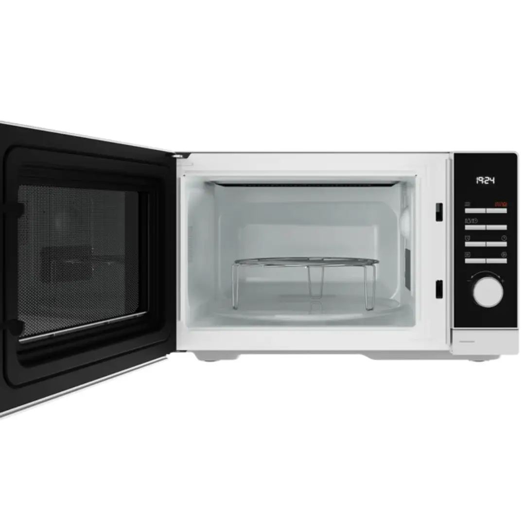 Vista del microondas TEKA MWE-FS25GWH con la puerta abierta, mostrando su amplio espacio interior y diseño funcional - Electrocash
