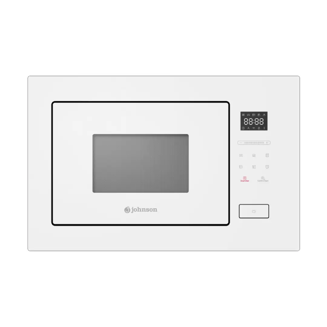 Microondas integrable Johnson JOMI-28BINT con capacidad de 28 litros, función grill y diseño elegante en cristal blanco, ideal para una cocina moderna - Electrocash