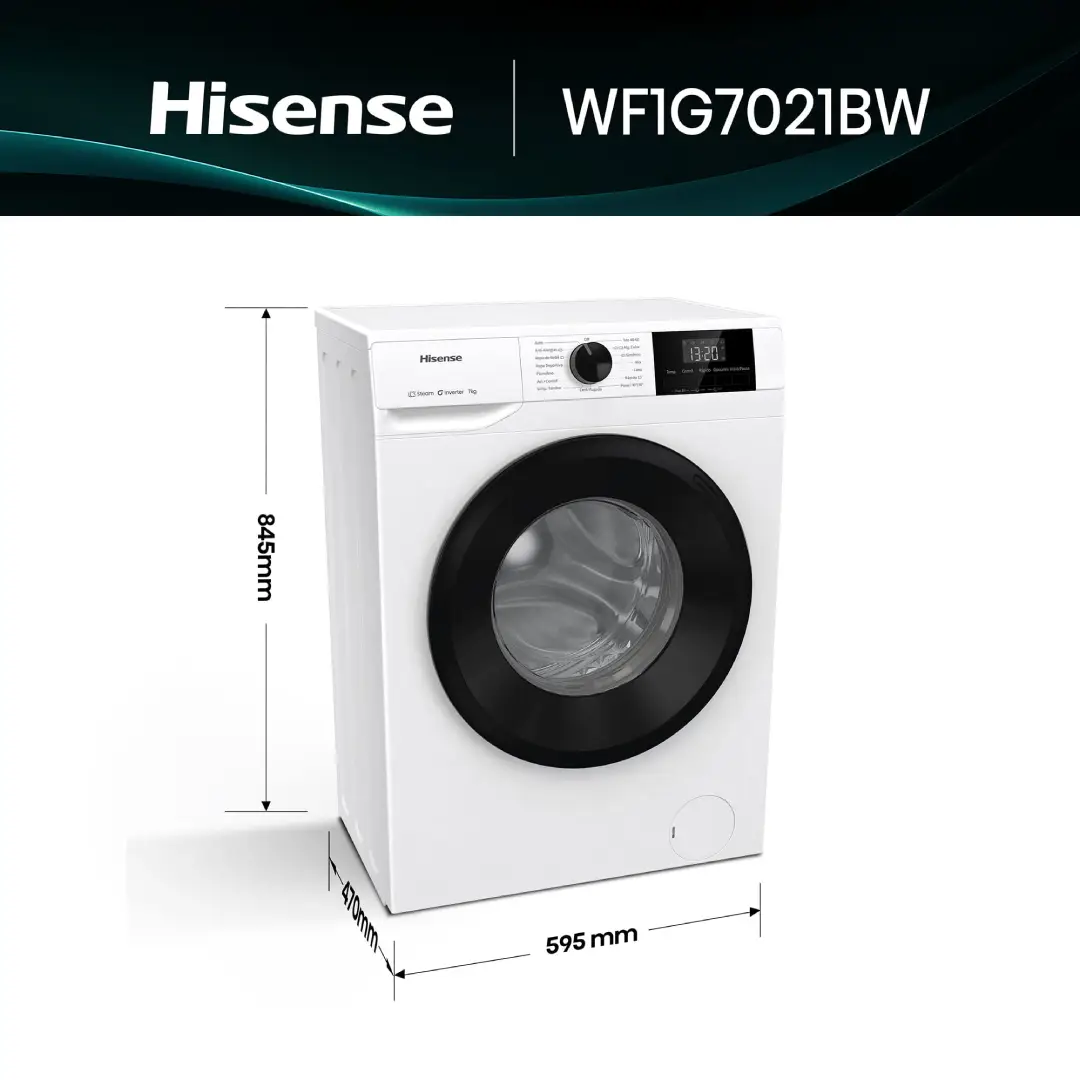 Dimensiones de la lavadora Hisense WF1G7021BW, perfecta para optimizar el espacio en cualquier zona de lavado - Electrocash