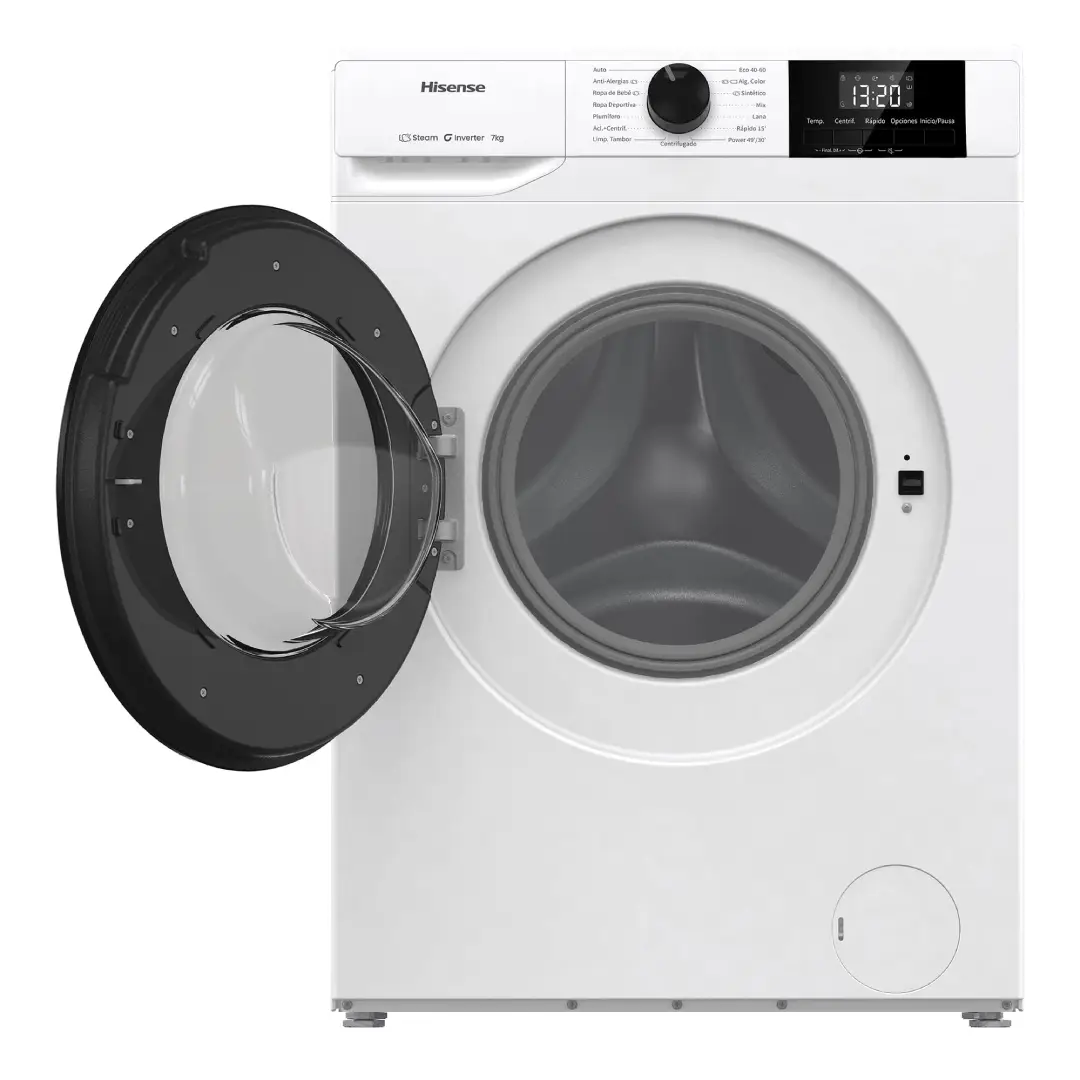 Lavadora Hisense WF1G7021BW abierta, mostrando su tambor de acero inoxidable de gran capacidad para un cuidado óptimo de la ropa - Electrocash