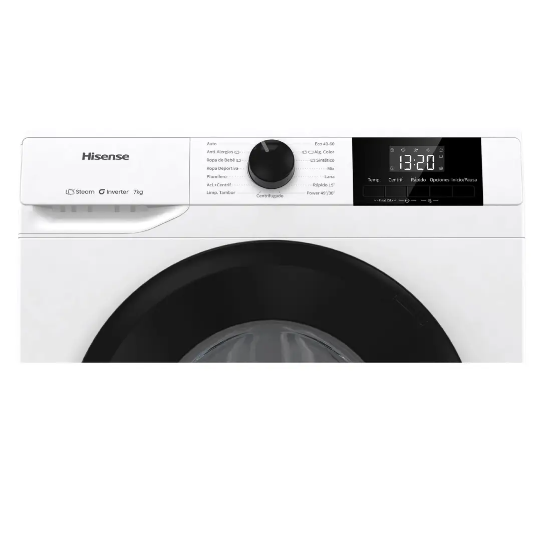 Primer plano del panel de control de la lavadora Hisense WF1G7021BW, con mandos intuitivos y programas de lavado eficientes - Electrocash