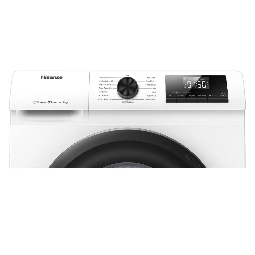 Primer plano del panel de control de la lavadora Hisense WF1Q8041BW, con selector de programas y pantalla digital fácil de usar - Electrocash