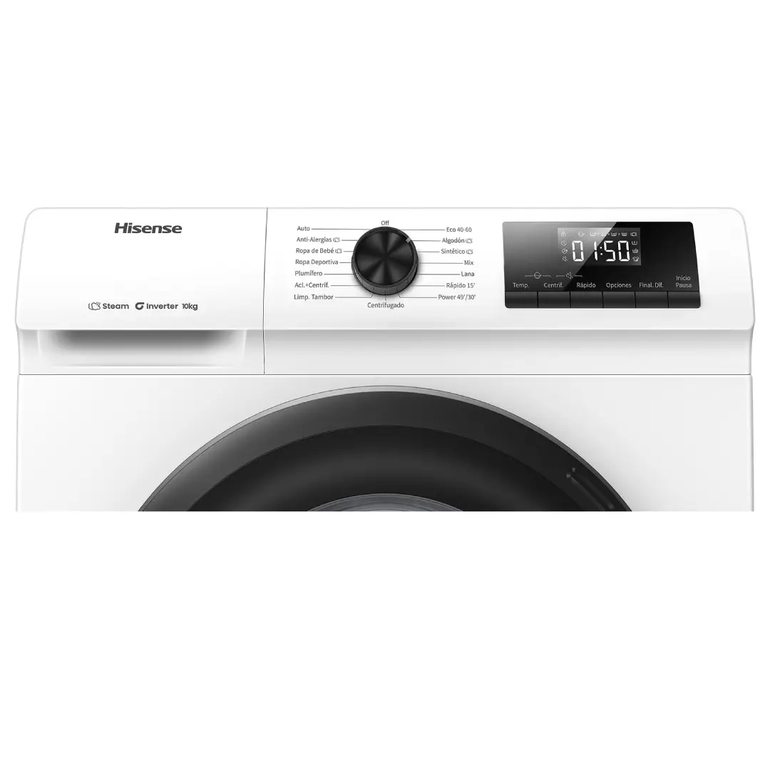 Panel LED de control de la lavadora Hisense WF1Q-1041BW con botones táctiles y pantalla digital, para una experiencia de uso fácil y moderna - Electrocash