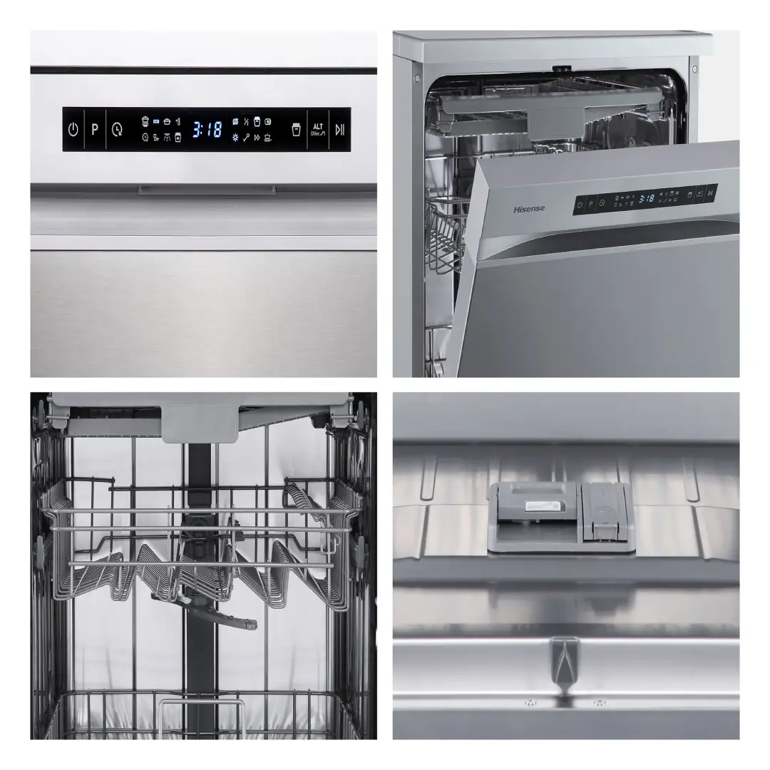 Primer plano del interior del lavavajillas Hisense HS-543D10X y su panel de control, mostrando bandejas ajustables y mandos intuitivos - Electrocash
