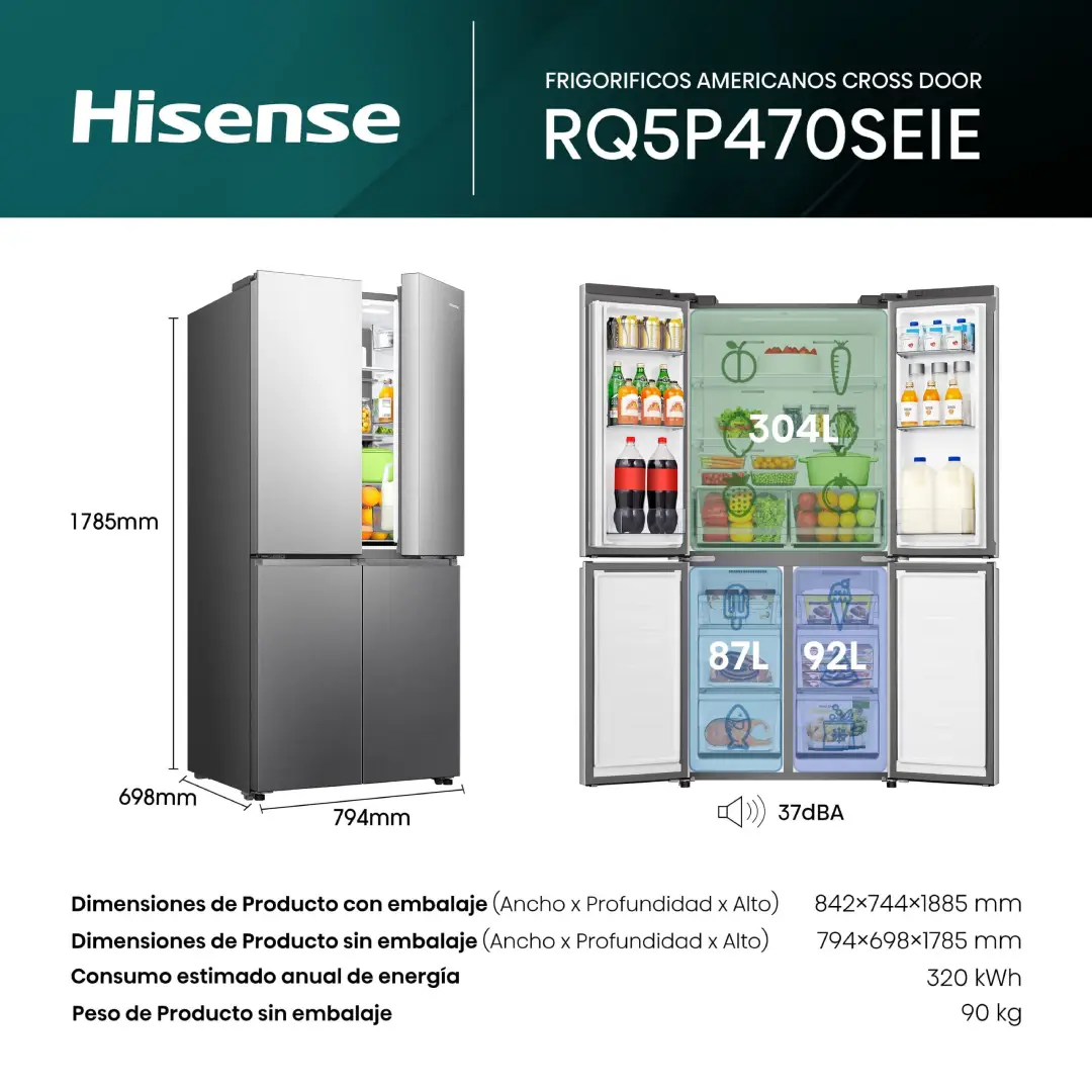 Dimensiones y capacidad del frigorífico Hisense RQ5P470SEIE, ideal para familias numerosas gracias a su gran tamaño y distribución interior - Electrocash