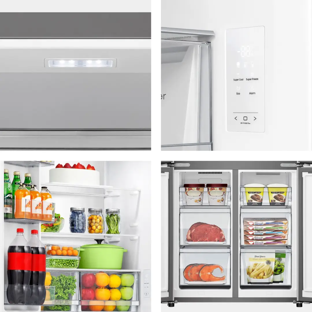 Primer plano de los cajones y compartimentos del frigorífico americano Hisense RQ5P470SEIE, mostrando su versatilidad y organización eficiente - Electrocash
