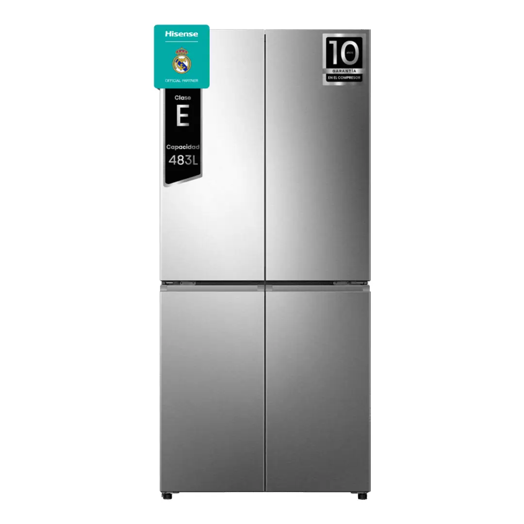 Frigorífico americano Hisense RQ5P470SEIE en acabado inox, con 4 puertas, 483 litros de capacidad, tecnología Total No Frost y motor Inverter de bajo consumo - Electrocash