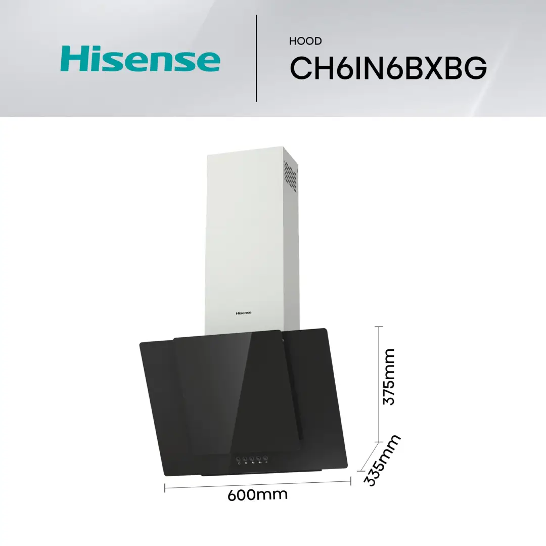 Dimensiones detalladas de la campana vertical Hisense CH-6IN6BXBG, ideal para una instalación precisa en cocinas modernas - Electrocash
