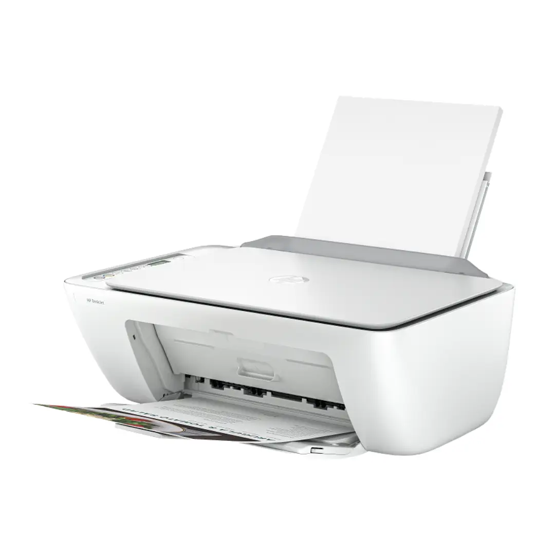 Impresora HP DeskJet 2810e abierta, mostrando la bandeja de papel y la tapa del escáner en posición elevada - Electrocash