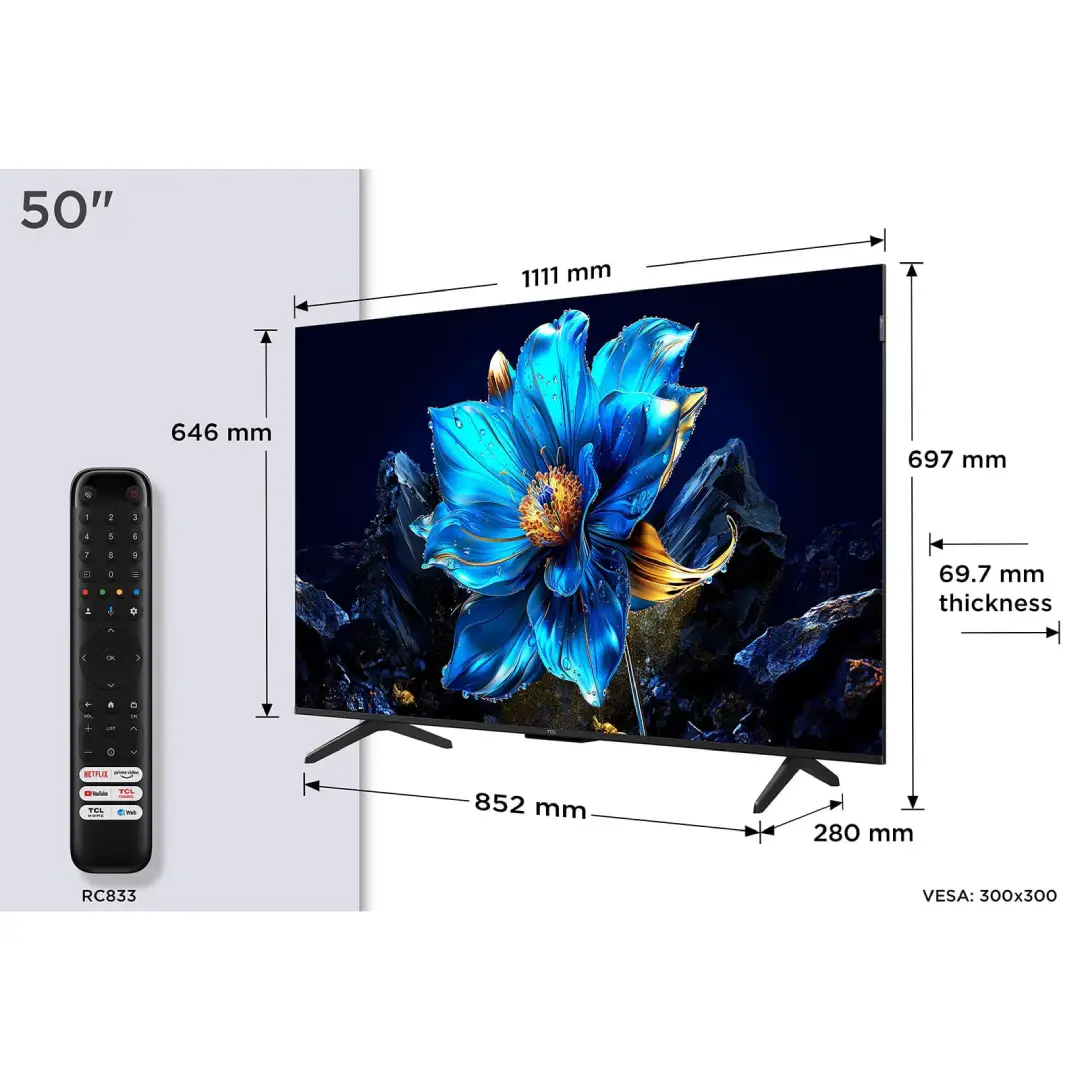 Dimensiones del televisor TCL 50P7K de 50", ideal para salones o habitaciones con soporte de sobremesa o montaje en pared - Electrocash