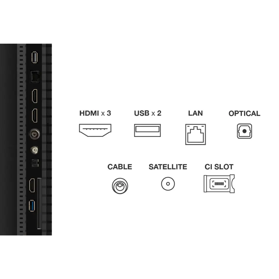 Vista detallada de los puertos del TCL 50P7K, incluyendo HDMI, USB y entrada óptica para conectar consolas, barras de sonido y más - Electrocash