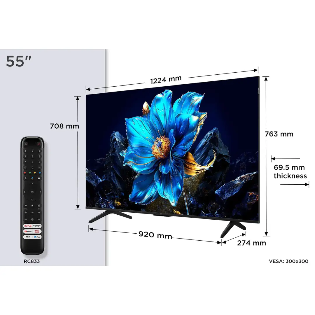 Dimensiones exactas del TCL 55P7K de 55", ideal para instalación en salón o pared, con soporte incluido - Electrocash