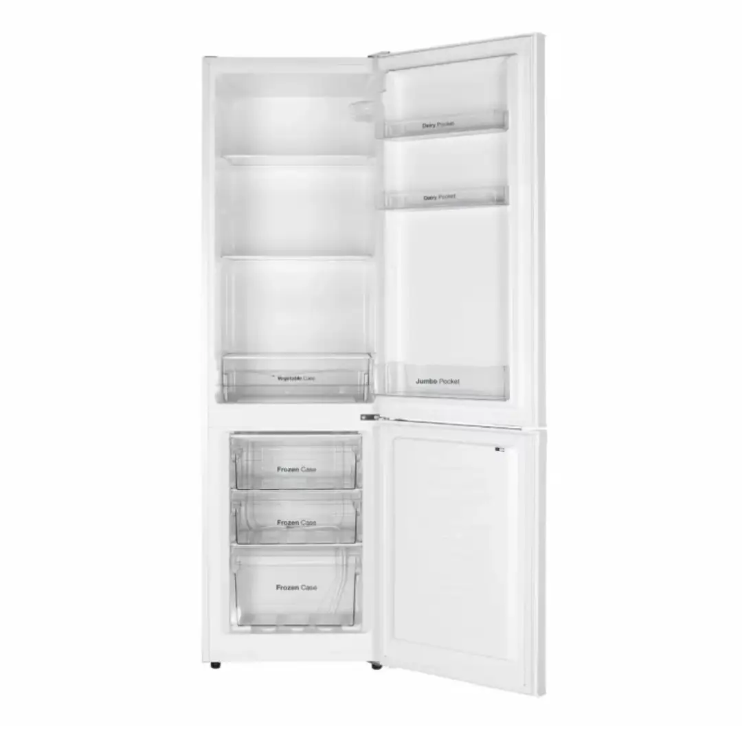 Frigorífico VOK EVR-224DEW abierto, mostrando su interior vacío con bandejas ajustables y balcones en la puerta – Electrocash