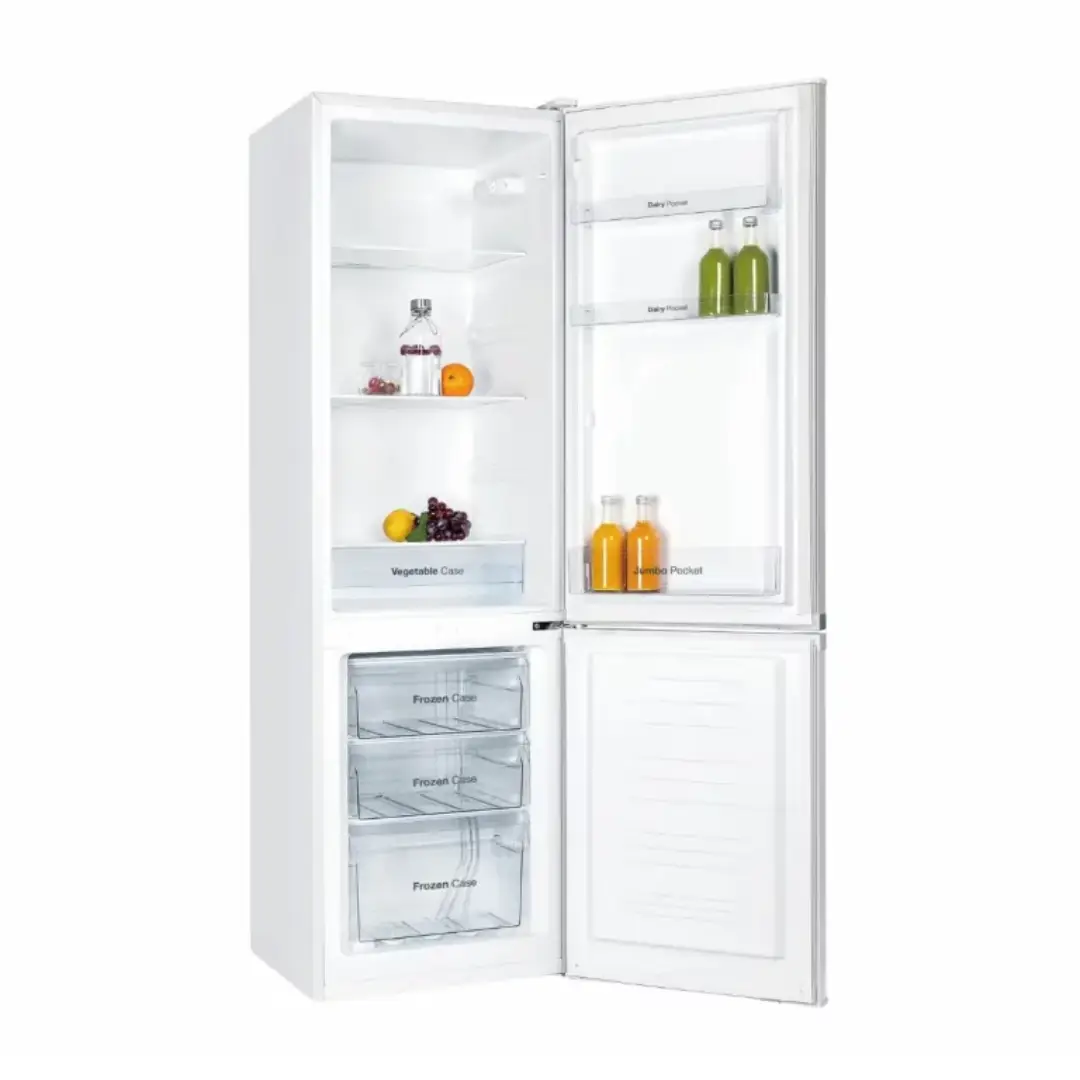 Interior del frigorífico combi VOK EVR-224DEW completamente lleno, destacando su distribución y capacidad de almacenamiento – Electrocash