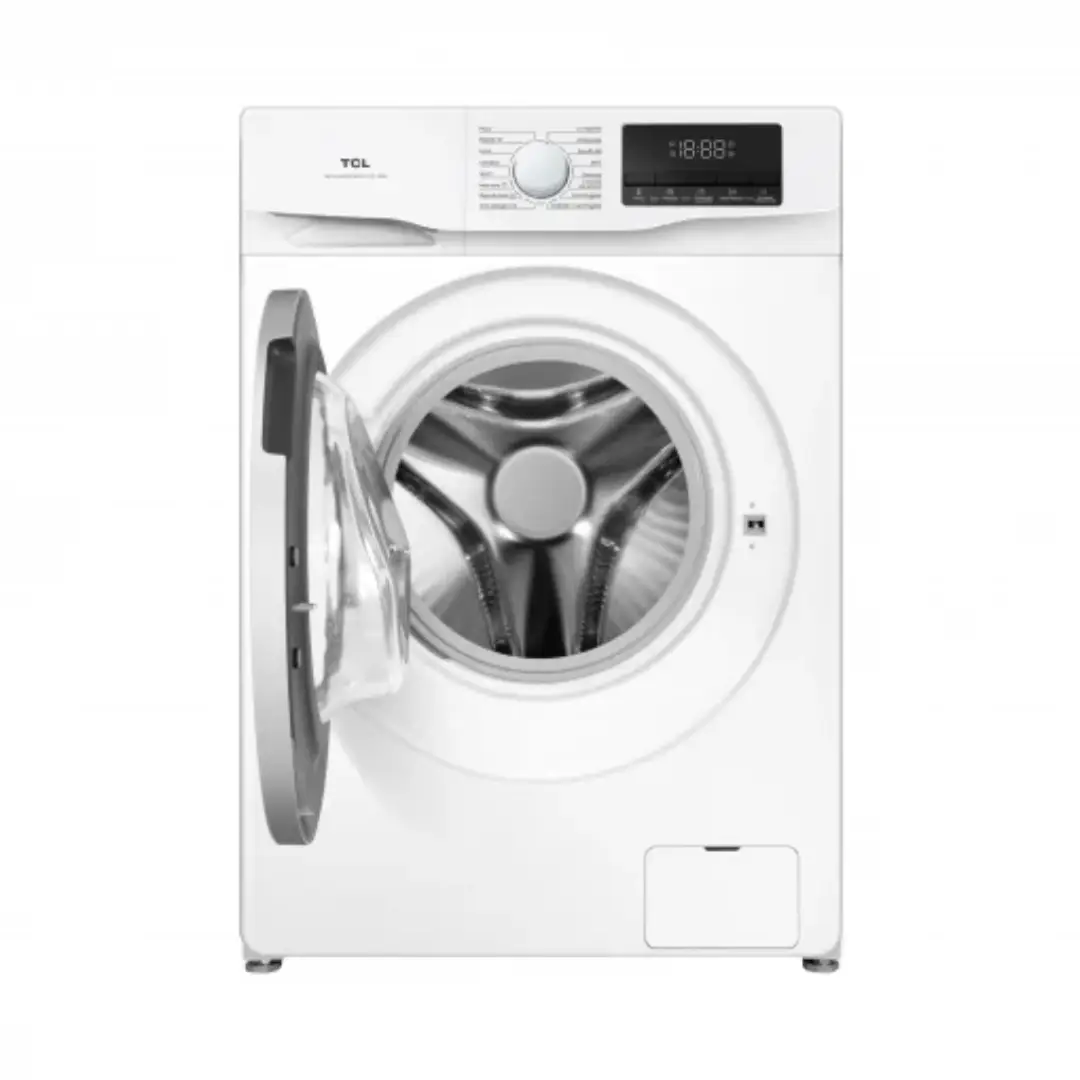 Lavadora TCL FF-1214WA0ES con la puerta abierta, mostrando el interior del tambor Honeycomb y su amplia capacidad de carga – Electrocash