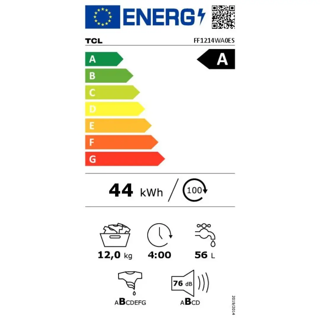 Ficha energética de la lavadora TCL FF-1214WA0ES con clase de eficiencia A, consumo optimizado gracias a su motor Inverter – Electrocash