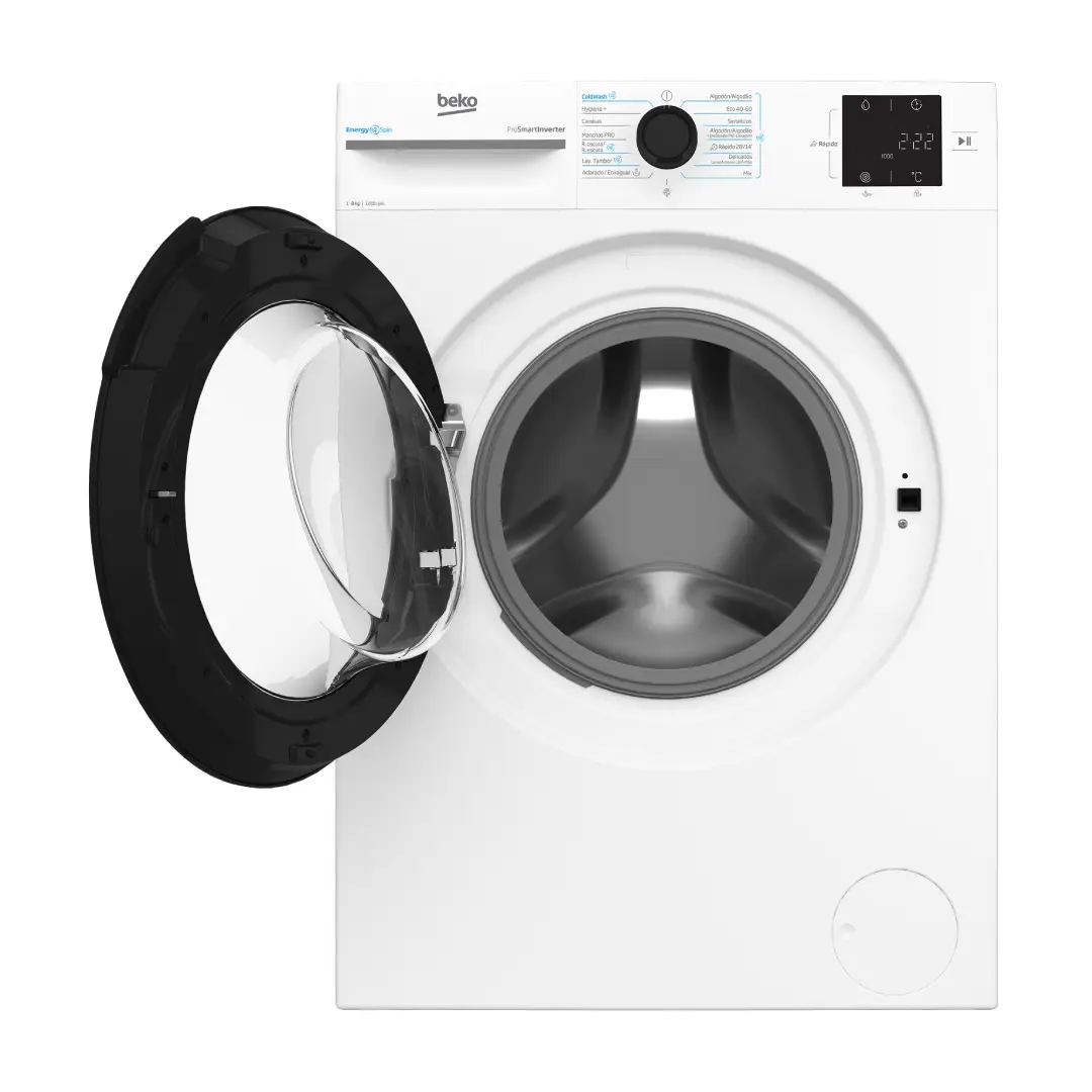 Lavadora Beko BM3WFT-3821WB abierta, mostrando el tambor de acero inoxidable de 8 kg de capacidad – Electrocash