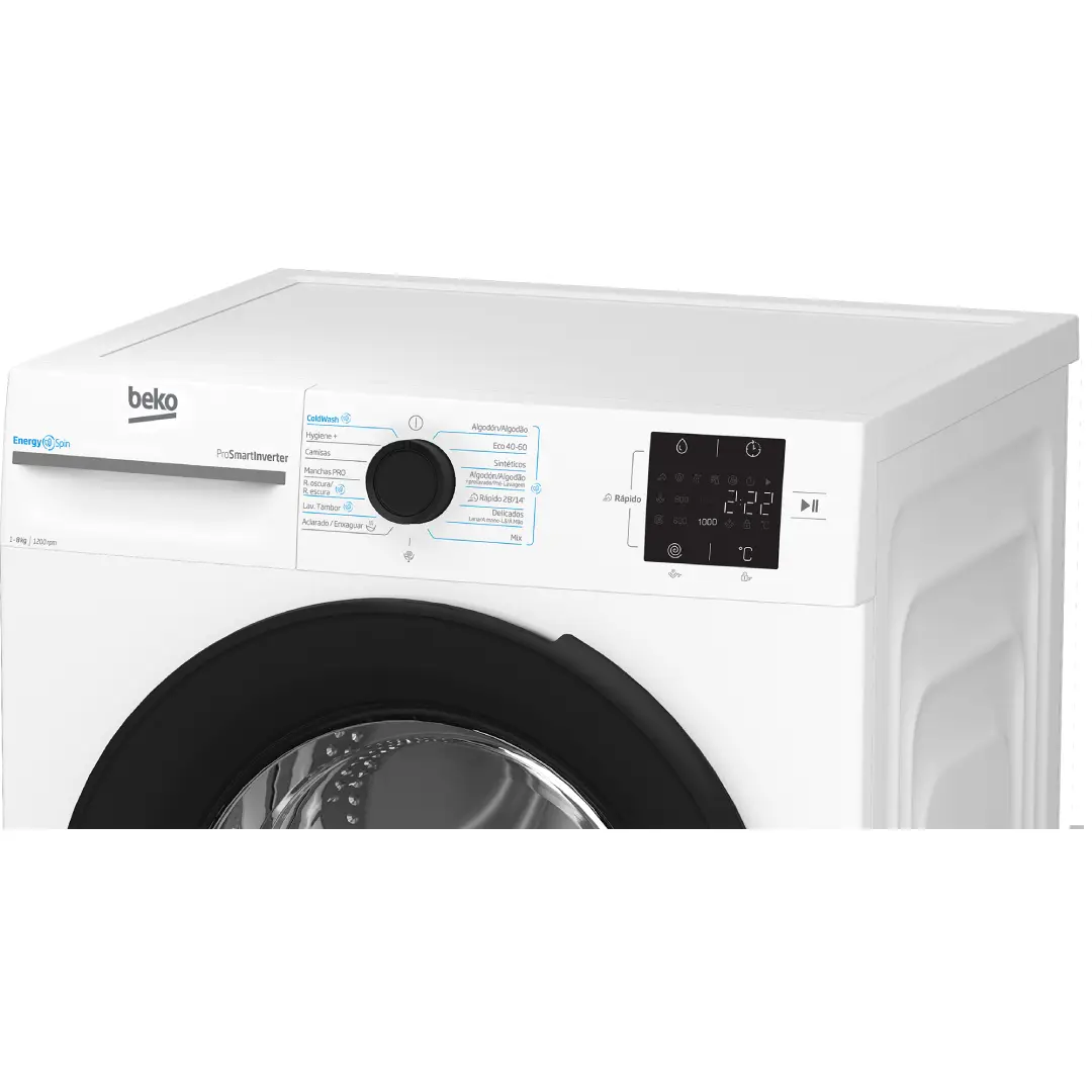Primer plano del panel de control de la lavadora Beko BM3WFT-3821WB con selector giratorio y pantalla LED – Electrocash