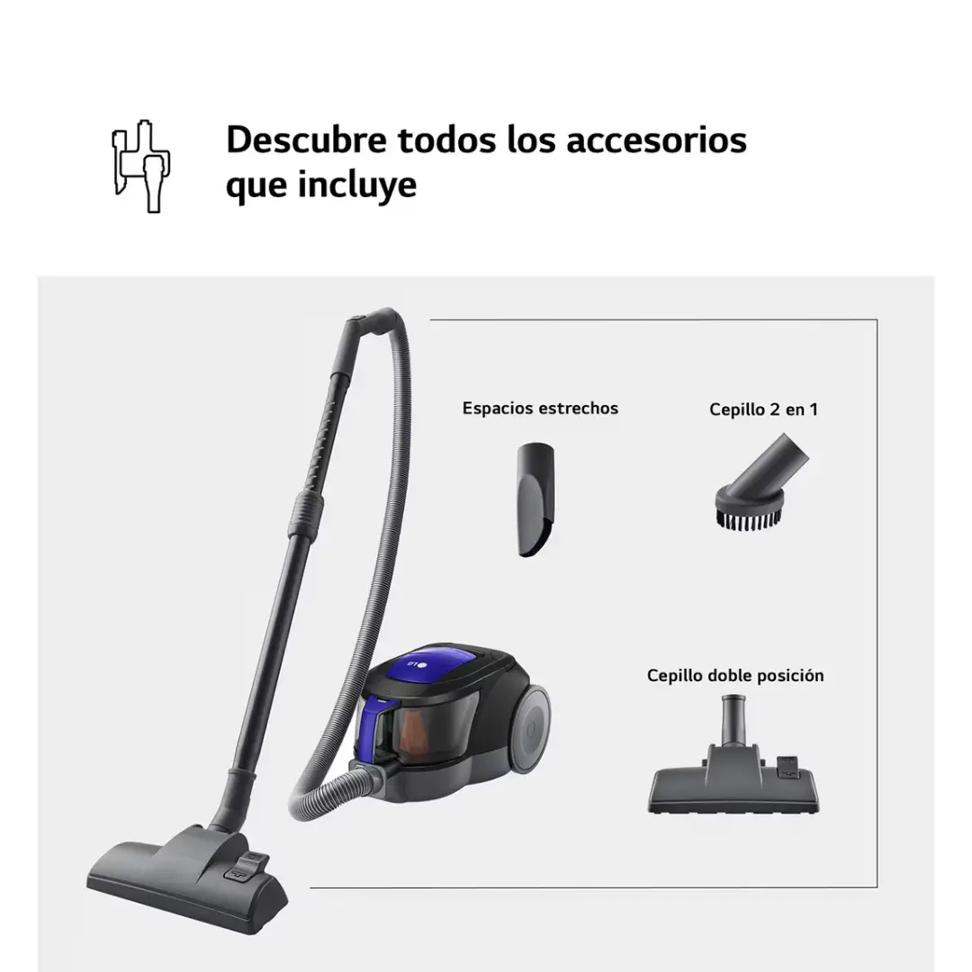 Vista del aspirador LG VC-5506NHTB junto a los accesorios multisuperficie incluidos – Electrocash