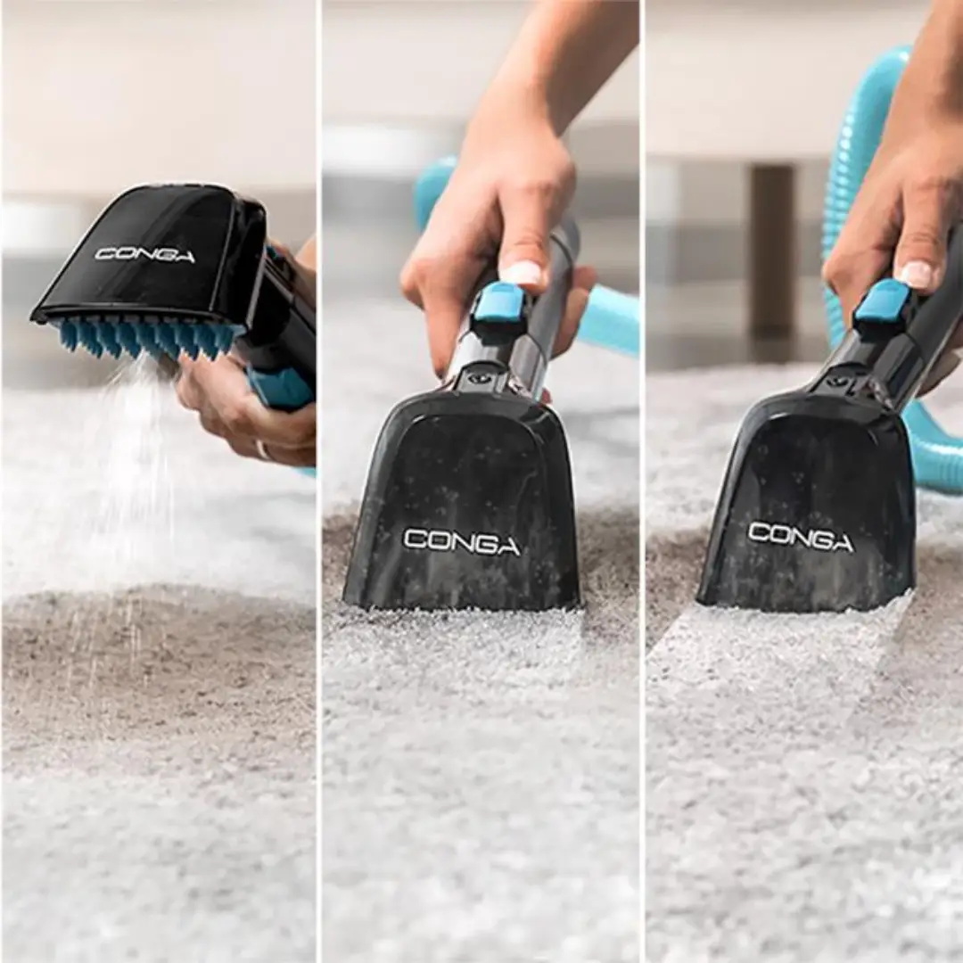 Aspirador Cecotec Carpet&Spot XL 08425 en funcionamiento sobre tapicería, pulverizando y aspirando suciedad para una limpieza profunda – Electrocash