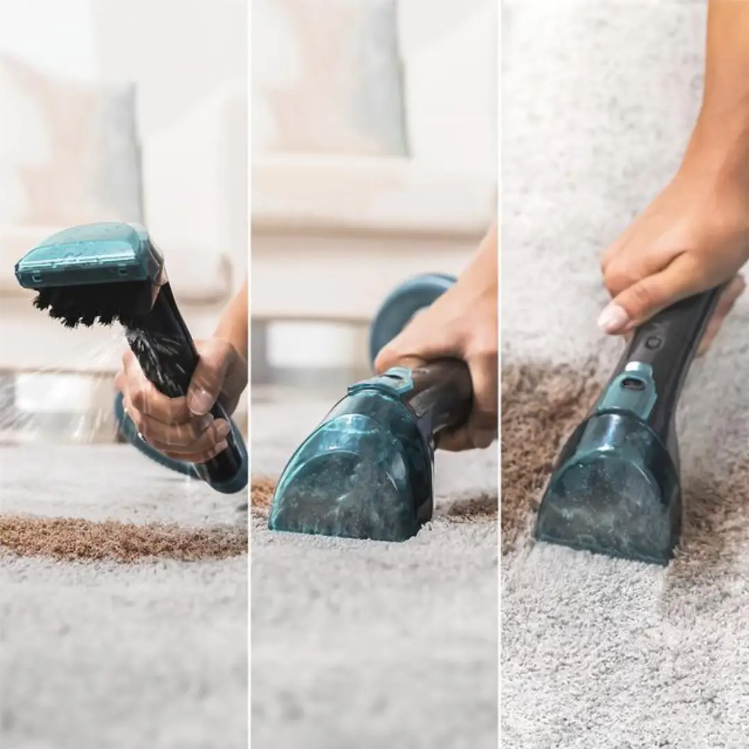 Imagen del aspirador Cecotec Carpet&Spot IN 08666 en uso, facilitando la limpieza de tapicerías con su diseño portátil y sin cables – Electrocash