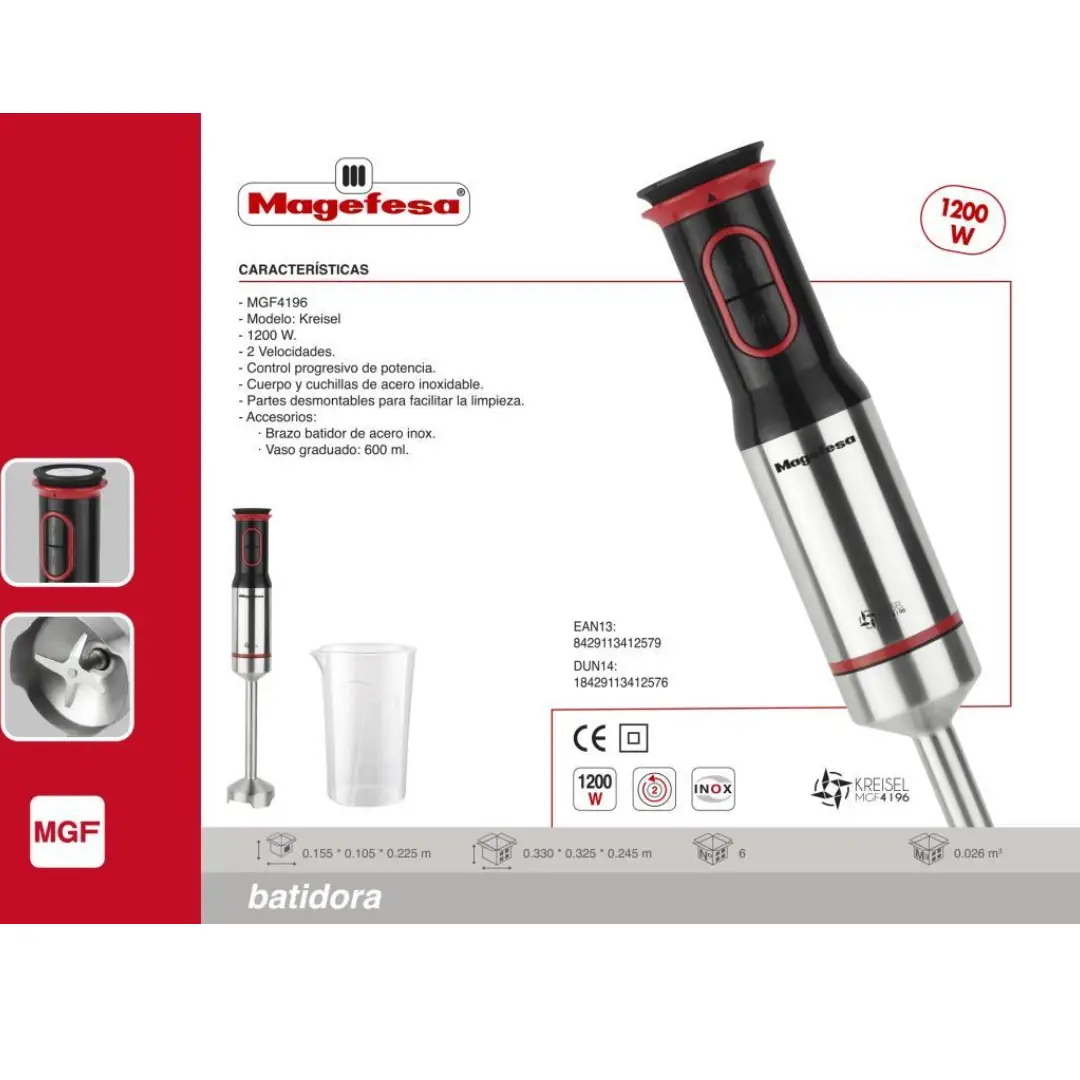 Imagen con las características destacadas de la batidora Magefesa Kreisel MGF-4196: brazo desmontable, control progresivo y 2 velocidades – Electrocash