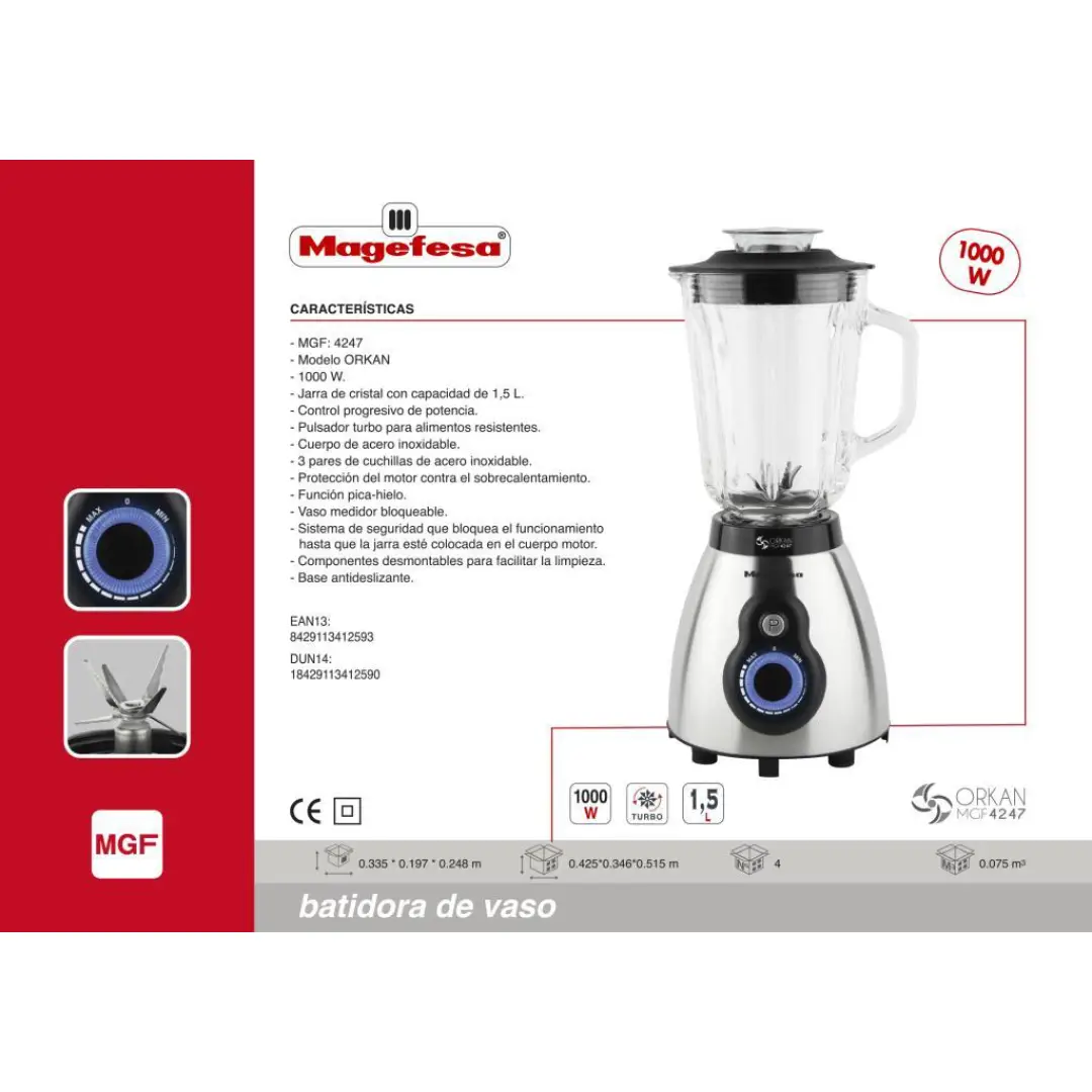 Detalle de las características de la batidora de vaso Orkan Magefesa MGF-4247, 1000W, 1.5L y picahielos – Electrocash