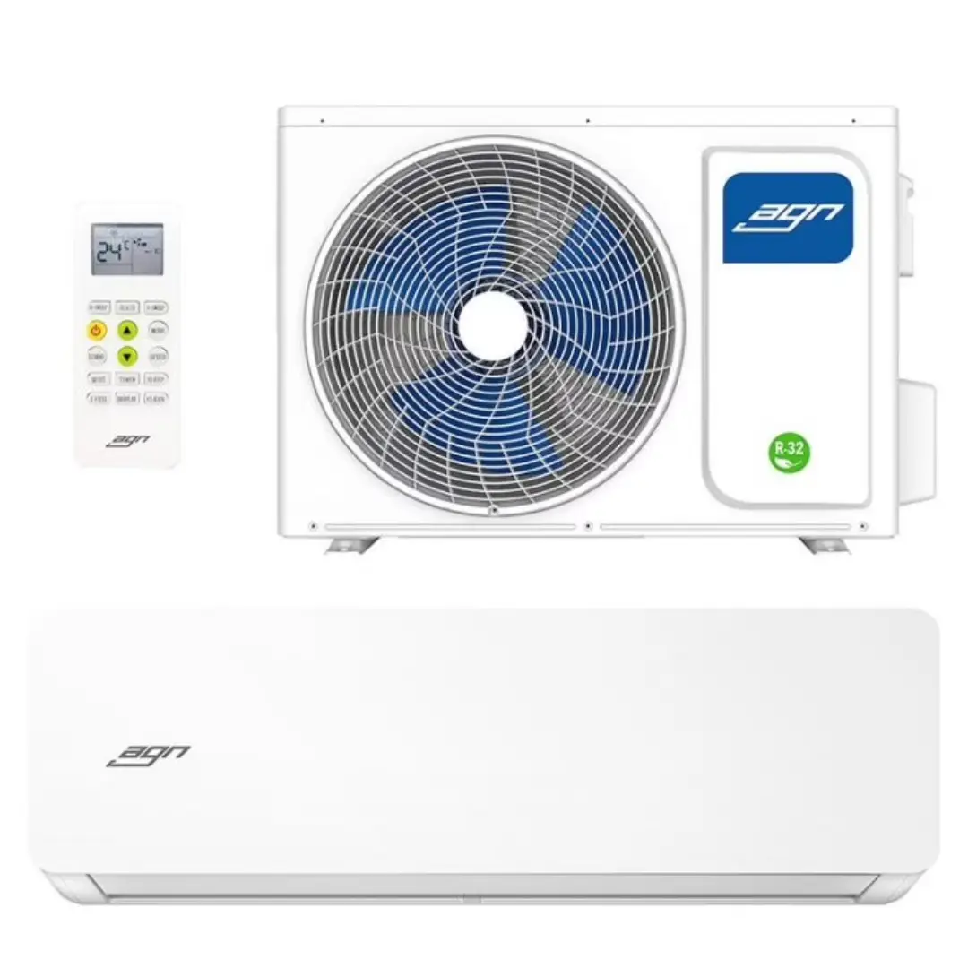 Vista completa del aire acondicionado Split AGN con unidad interior, unidad exterior y mando a distancia incluidos – Electrocash