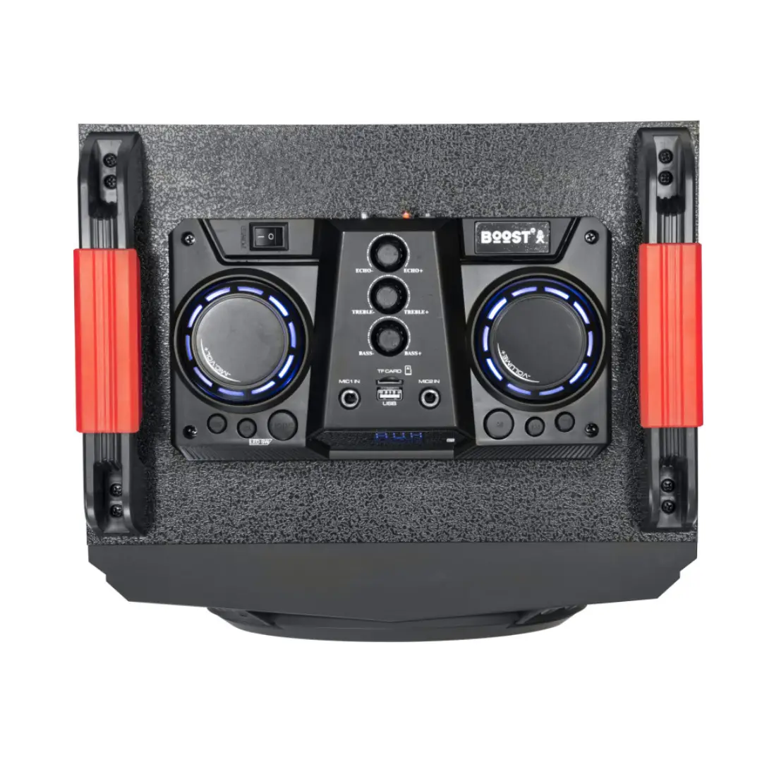 Vista trasera del altavoz BOOST STUPDJ20 con entradas de audio, control de volumen, ecualizador y conectores para micrófono – Electrocash
