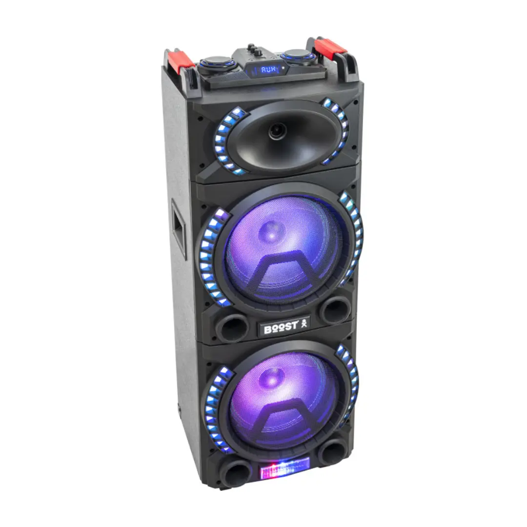 Altavoz portátil BOOST STUPDJ20 con 500W de potencia, doble woofer de 10 pulgadas, luces LED y función karaoke – Electrocash