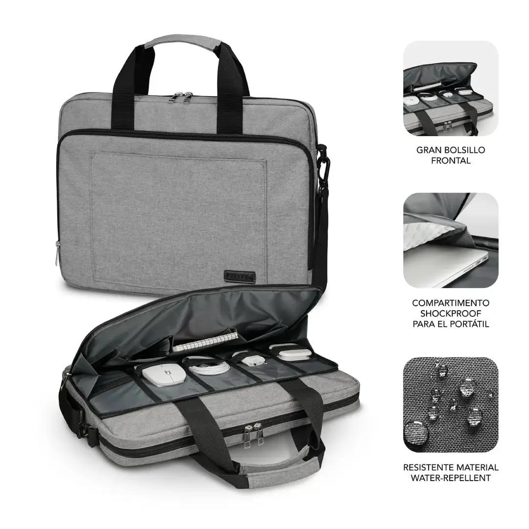 Detalle de los bolsillos y compartimentos del maletín Subblim Air Padding 15.6", ideal para organización y transporte – Electrocash