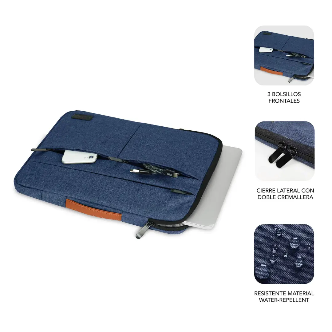 Primer plano de las cremalleras y compartimentos de la funda Subblim Air Padding 360, con detalles de organización interna – Electrocash