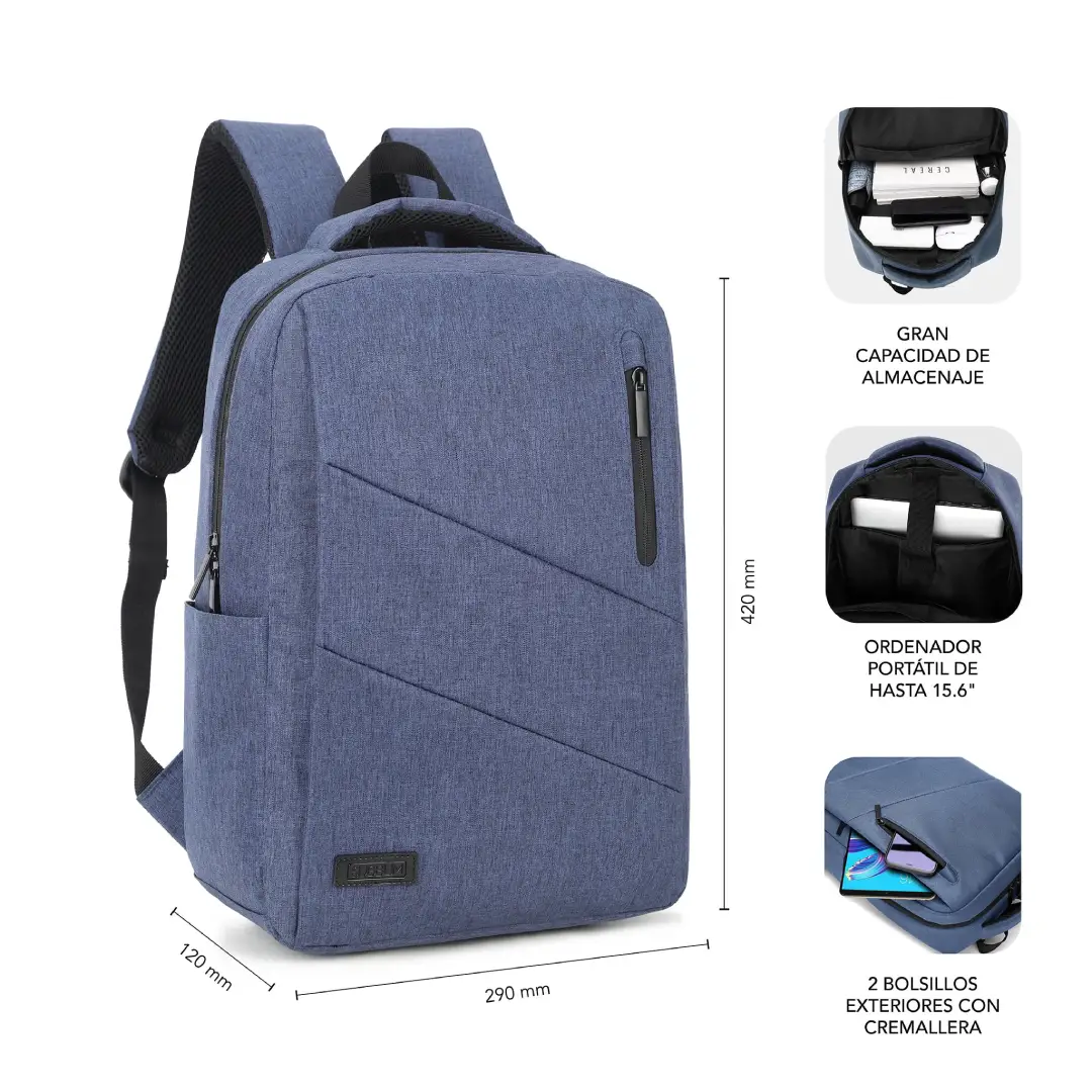 Imagen con medidas detalladas de la mochila Subblim City 15.6", ideal para portátil, con puerto USB y diseño ergonómico – Electrocash