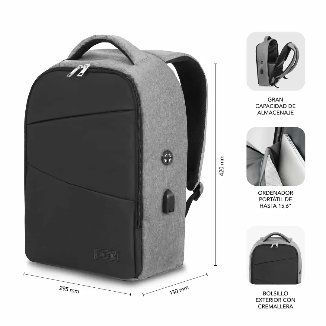 Detalle de las medidas y compartimentos interiores de la mochila antirrobo Subblim Secure V2 Air con protección Air Padding y apertura trasera – Electrocash